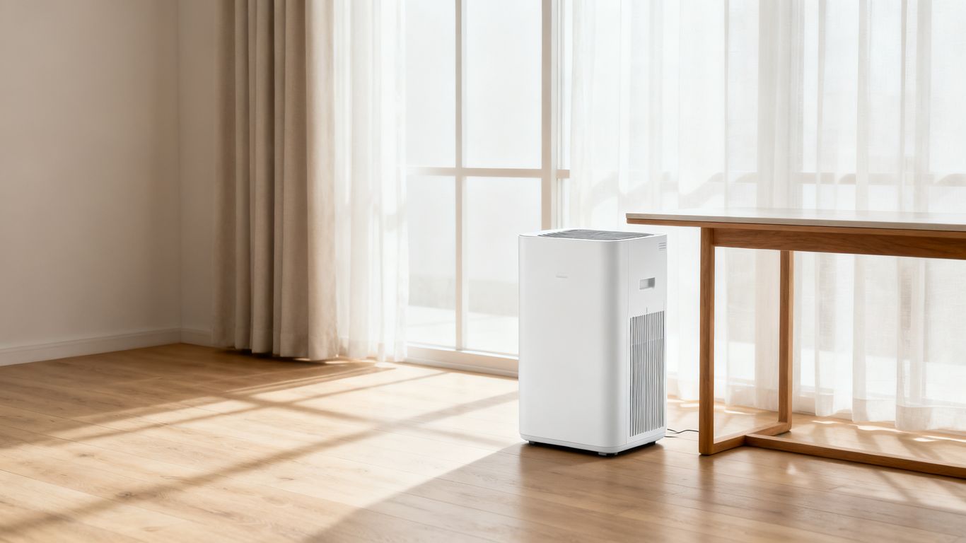 A modern apartment living room featuring a compact dehumidifier unit
