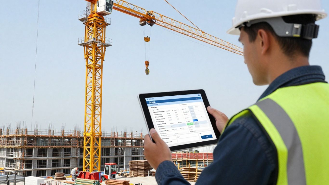 Crane lifting materials on a construction site with digital docket.