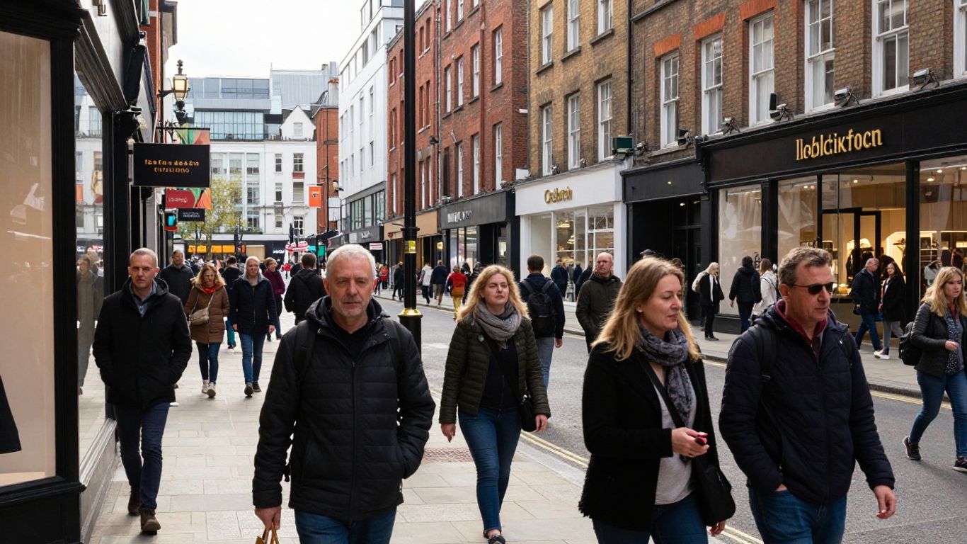 UK market scene with shoppers and businesses.