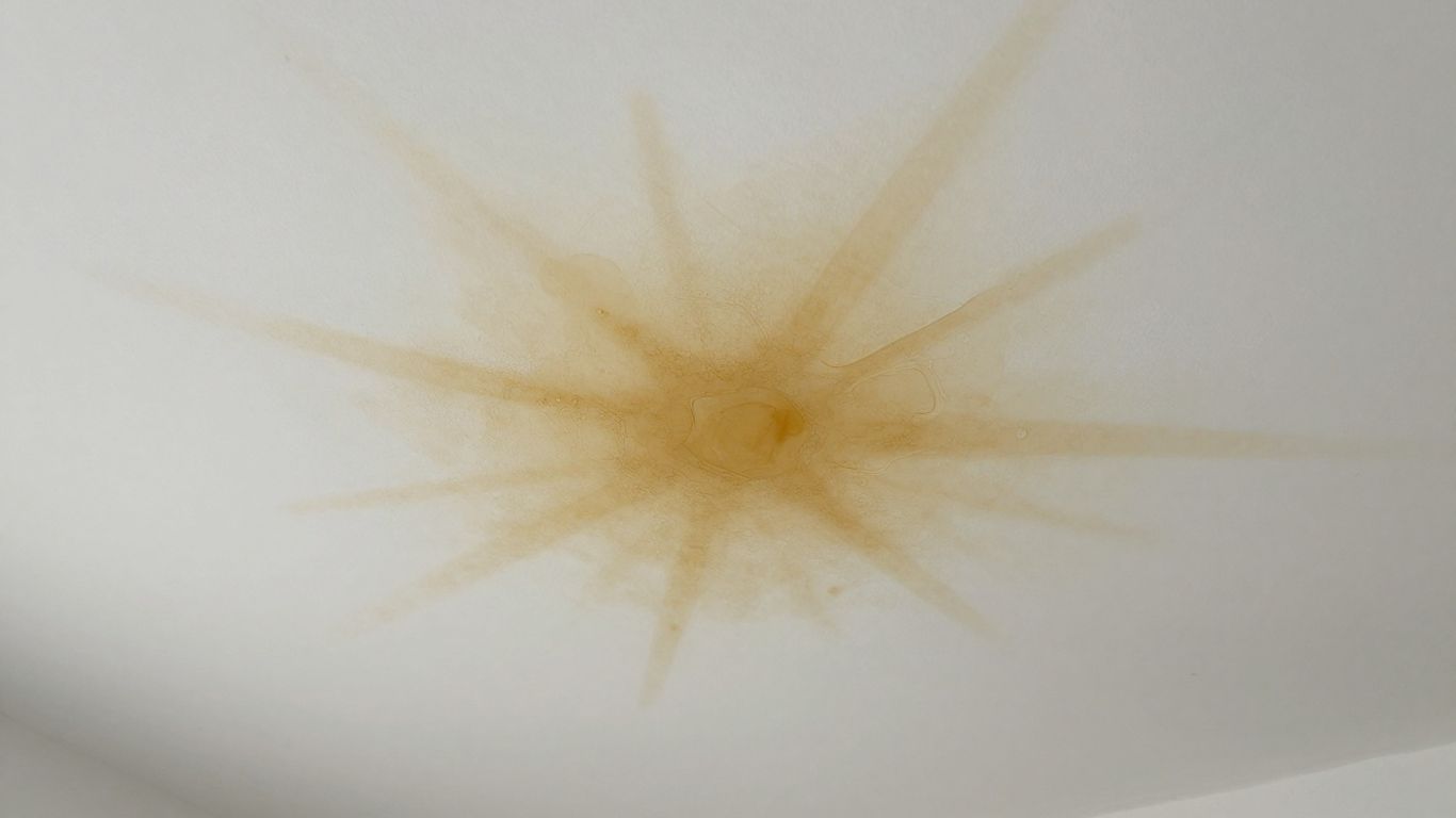 Water stains on a wall and ceiling after a storm.