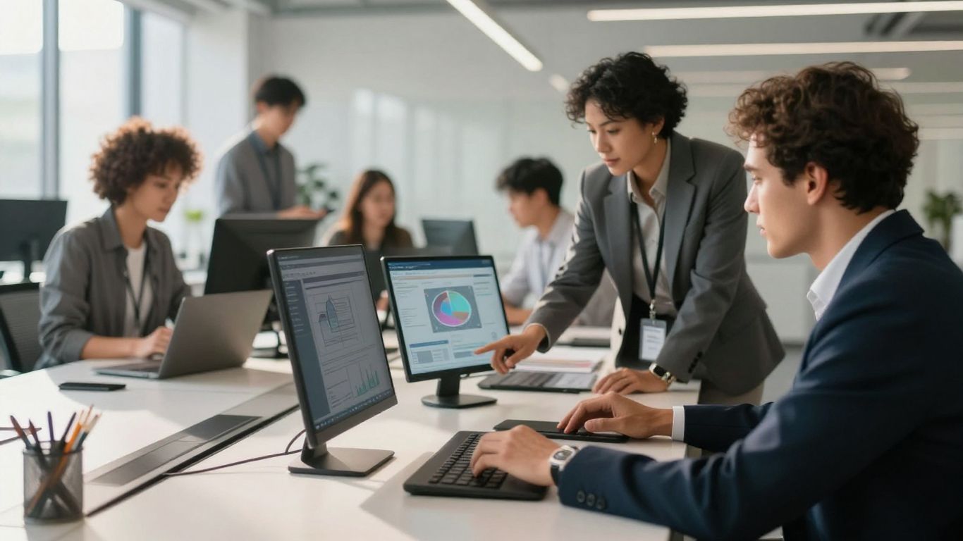 Business professionals collaborating in a modern office setting.