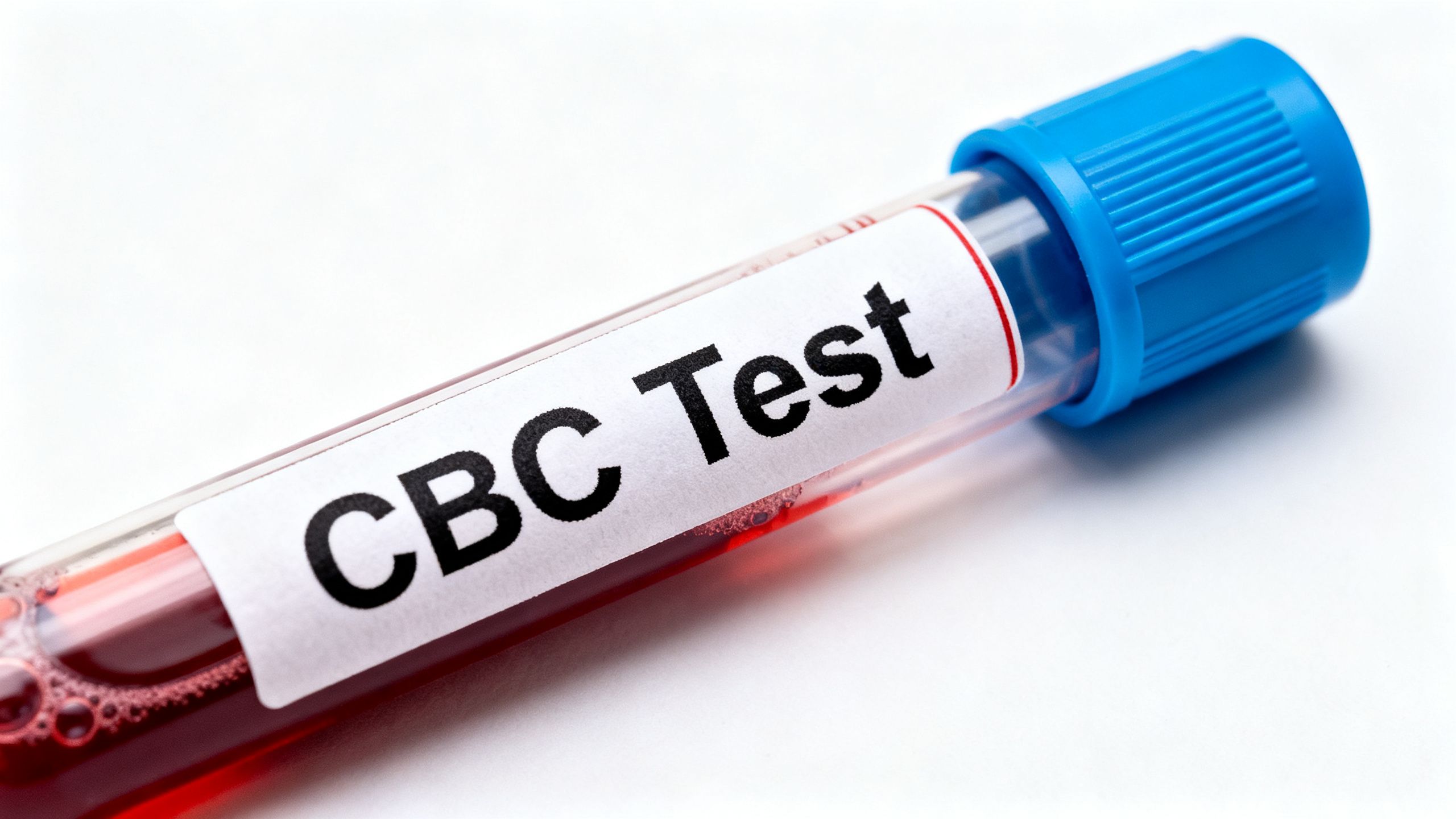 A close-up of a sealed blood draw tube labeled for a CBC test in a clean lab setting