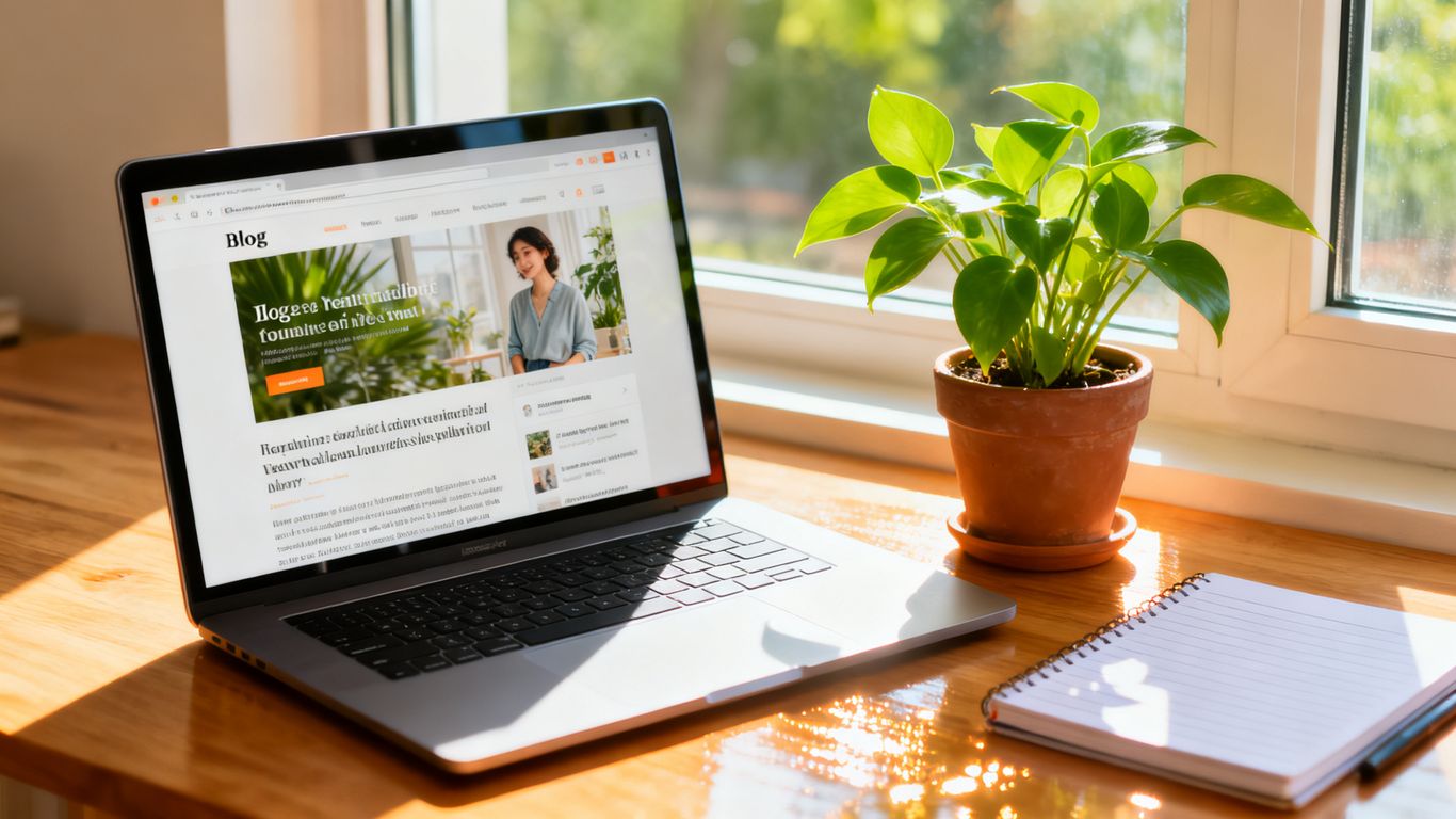 Laptop displaying blog content in a bright workspace.