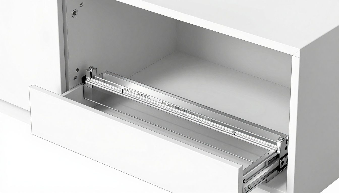 A technical diagram showing a cross-section of a frameless cabinet, detailing the joinery, material thickness, and specific clearances required for an undermount drawer slide.