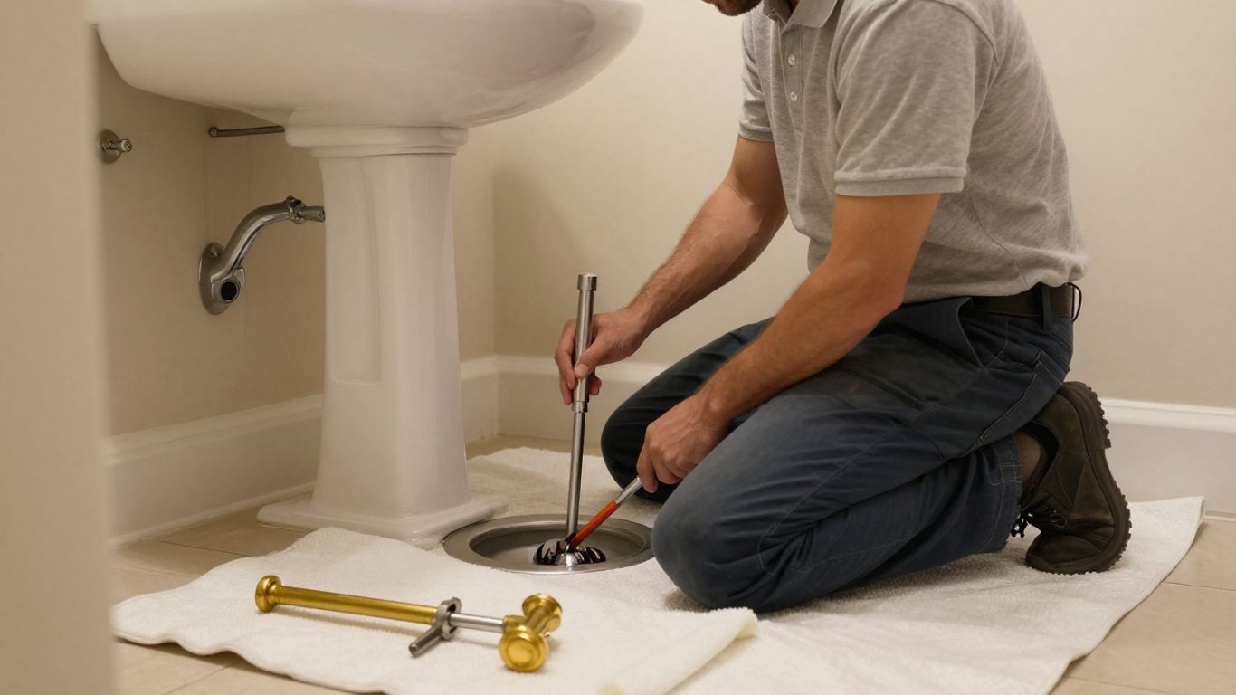 Plumber clearing a residential drain under a sink