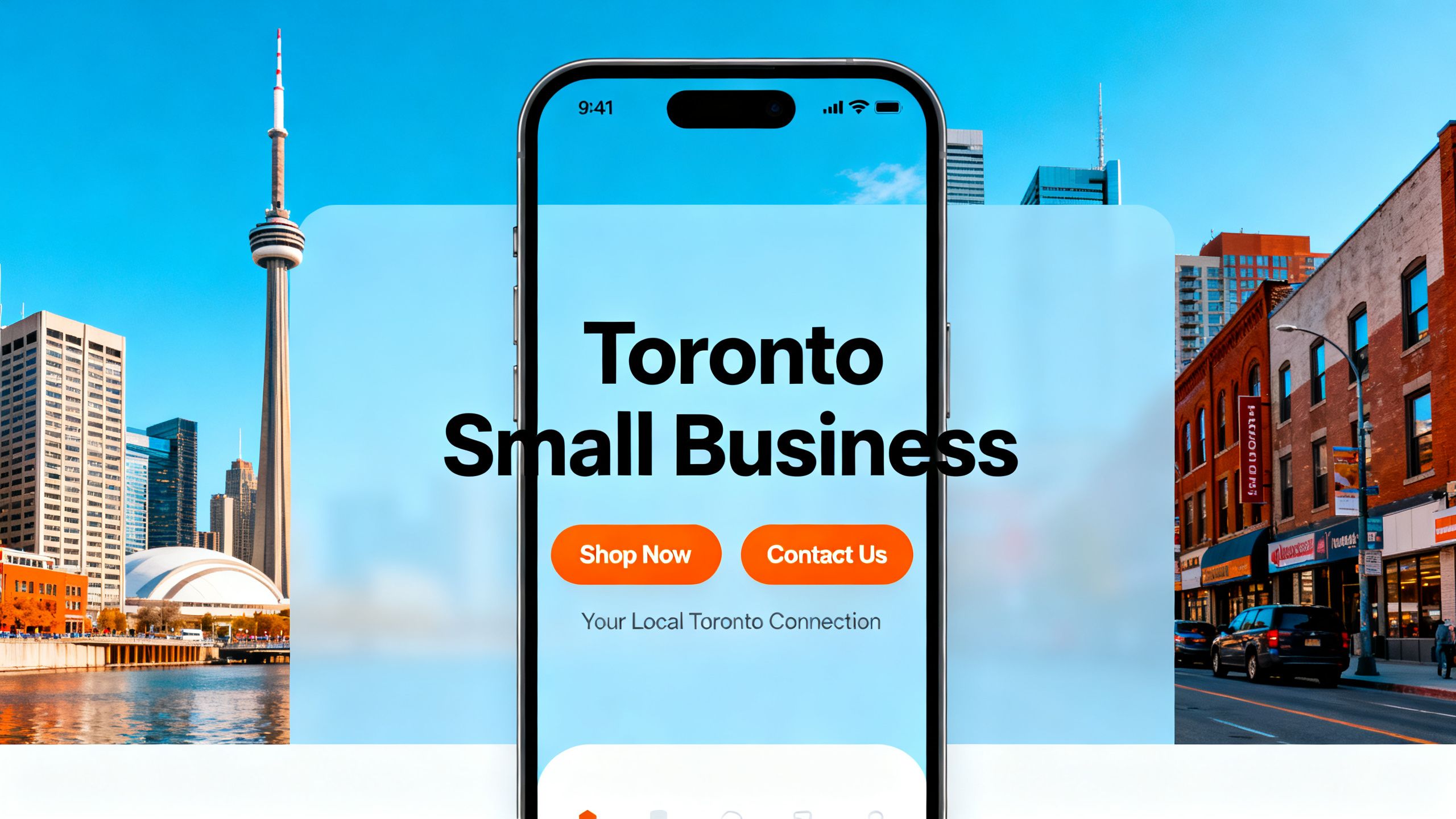 Clean, modern website interface for a Toronto-based small business: focus on mobile-first design, vibrant city imagery, and clear call to action buttons