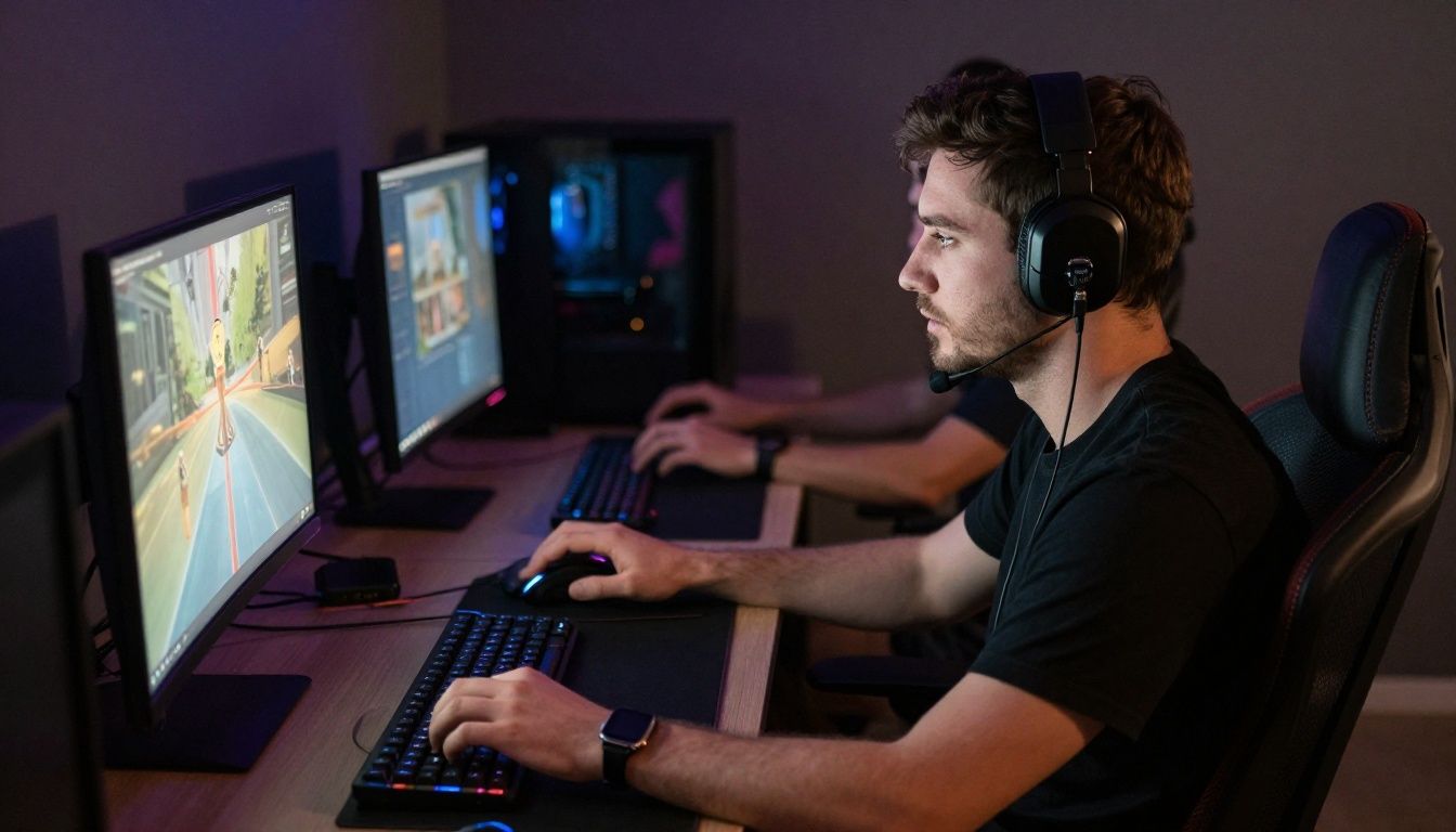 Um jogador concentrado jogando em um computador gamer moderno com iluminação RGB