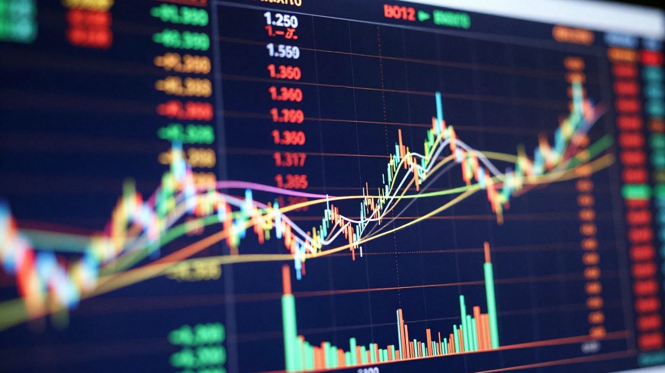 Abstract financial data flow with glowing lines and energetic patterns.