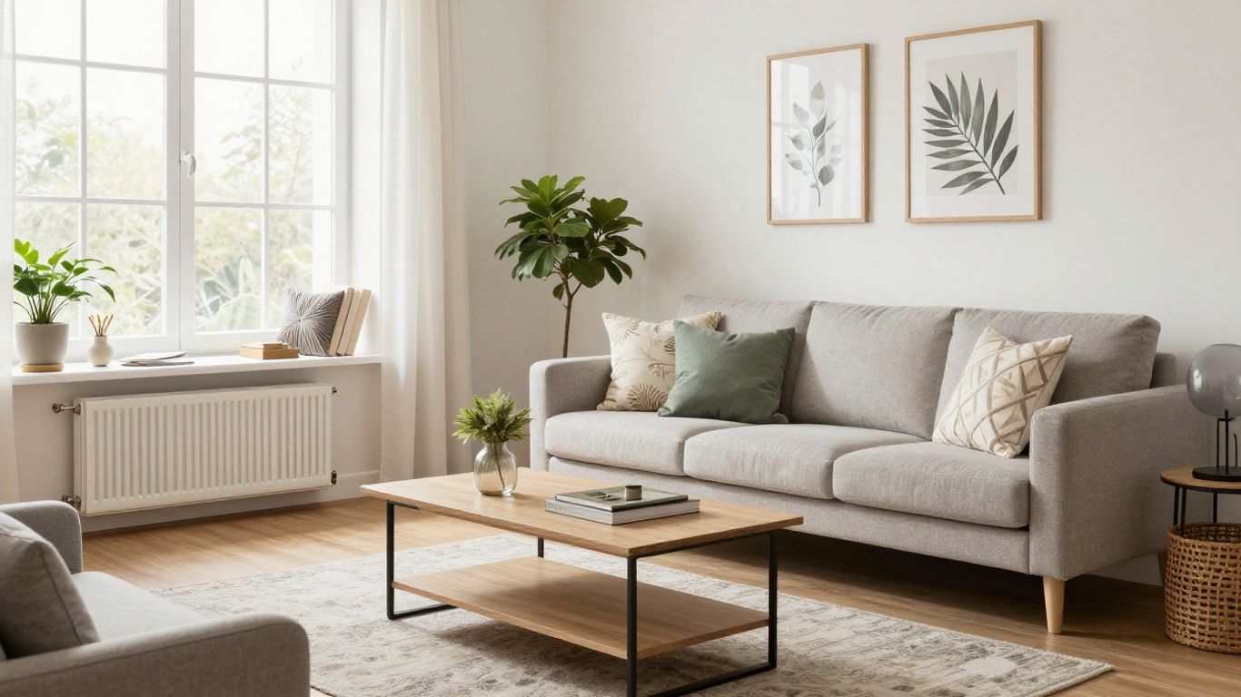 IKEA and Wayfair furniture in a stylish Airbnb living room.