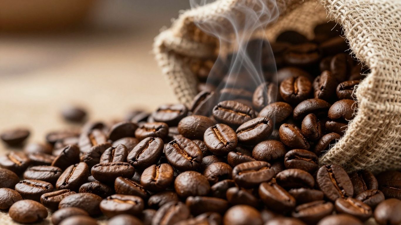 Fresh coffee beans and a steaming cup of coffee.