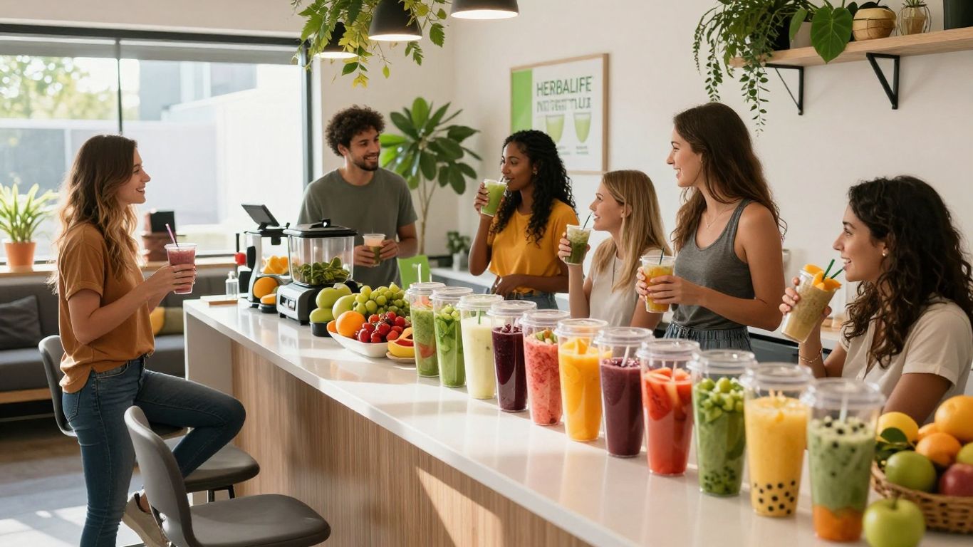 People enjoying healthy shakes at a Herbalife Nutrition Club.