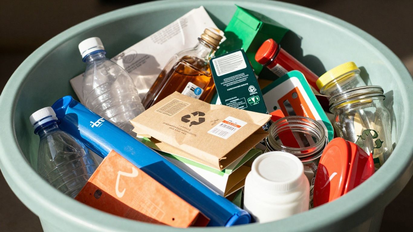 Organized recycling bins with sorted waste materials.
