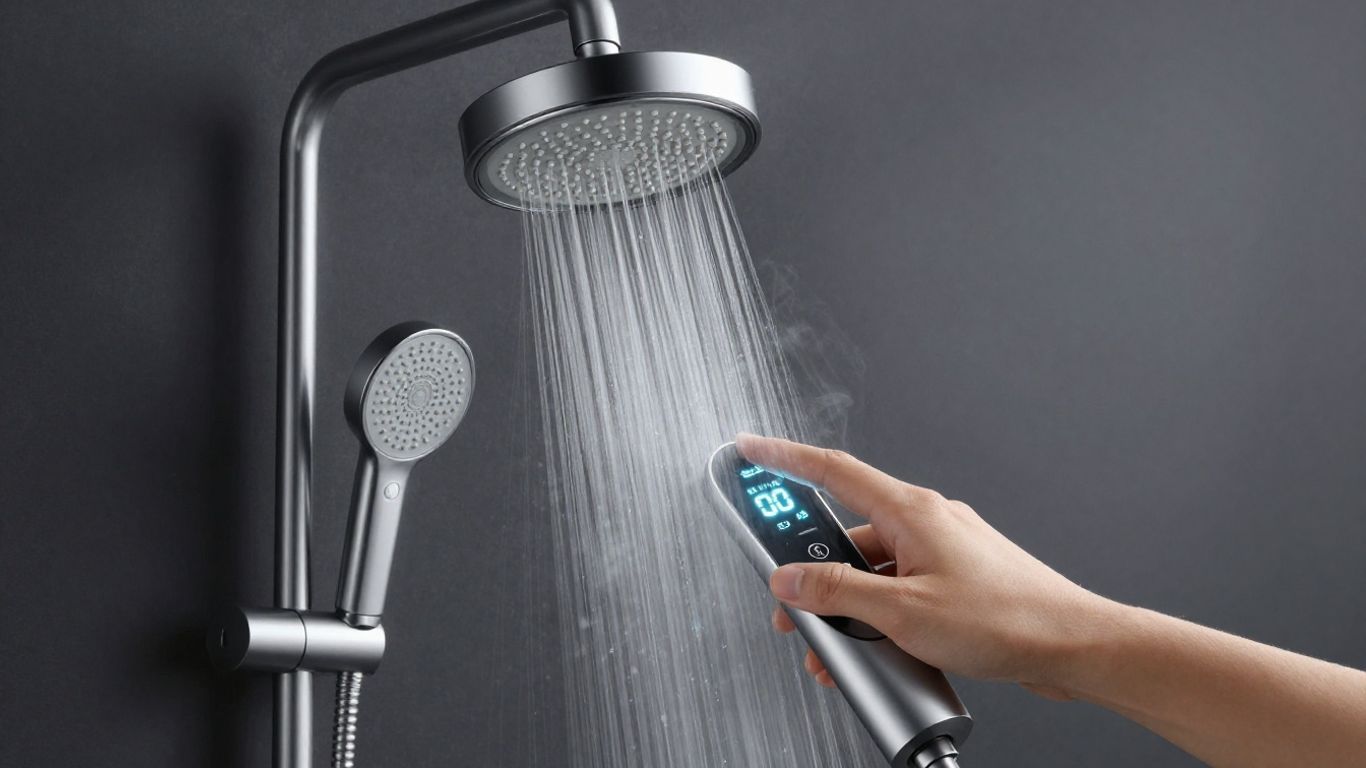 Modern digital shower mixer with LED display and steam.