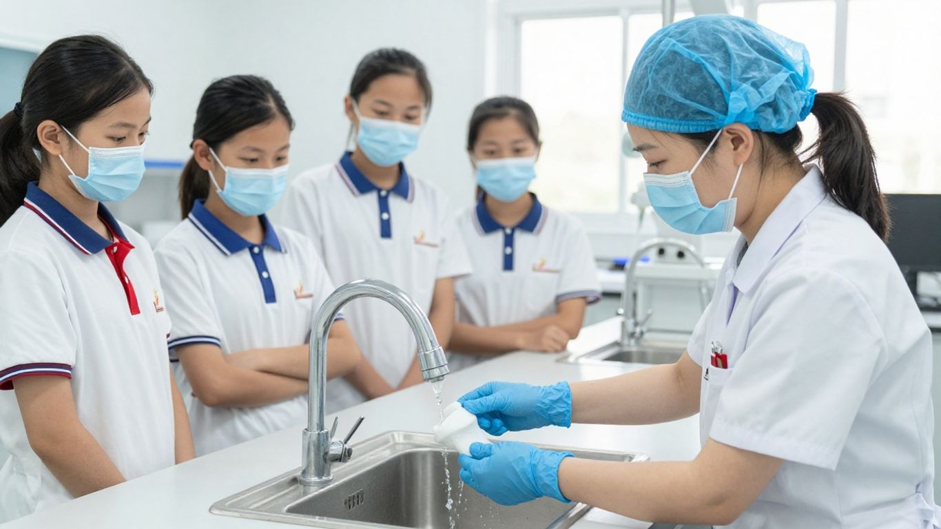 Instructor guiding students in a clinical lab