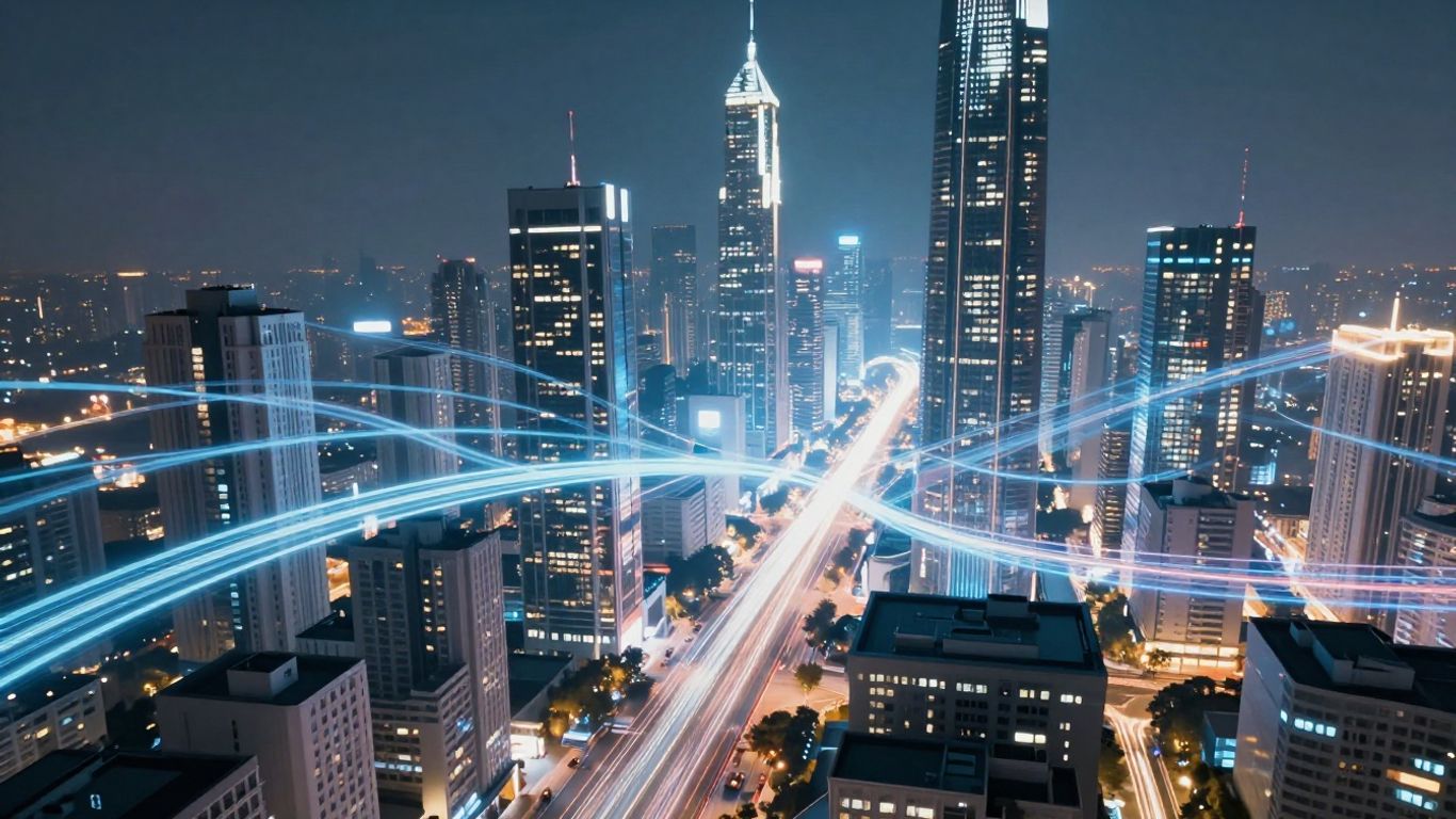 Futuristic cityscape with digital pathways and light trails.
