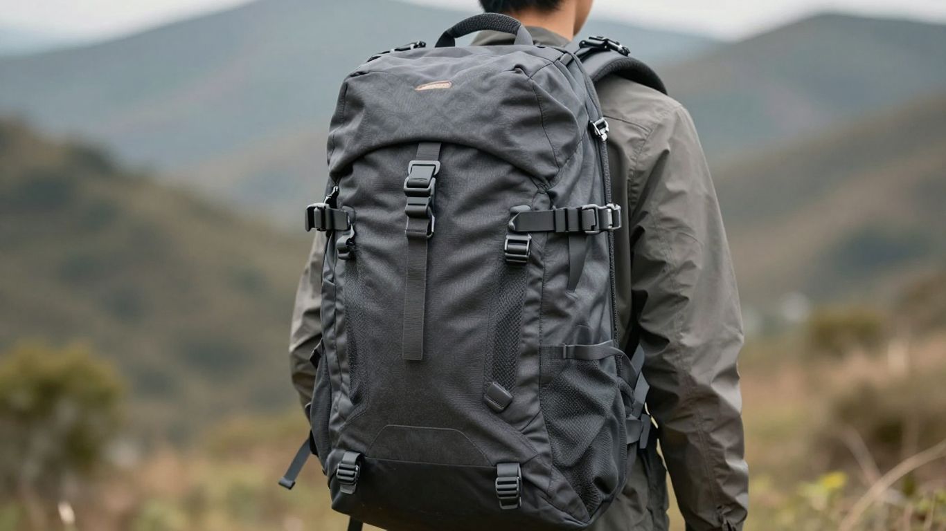 Travel backpack with padded straps against a natural background.