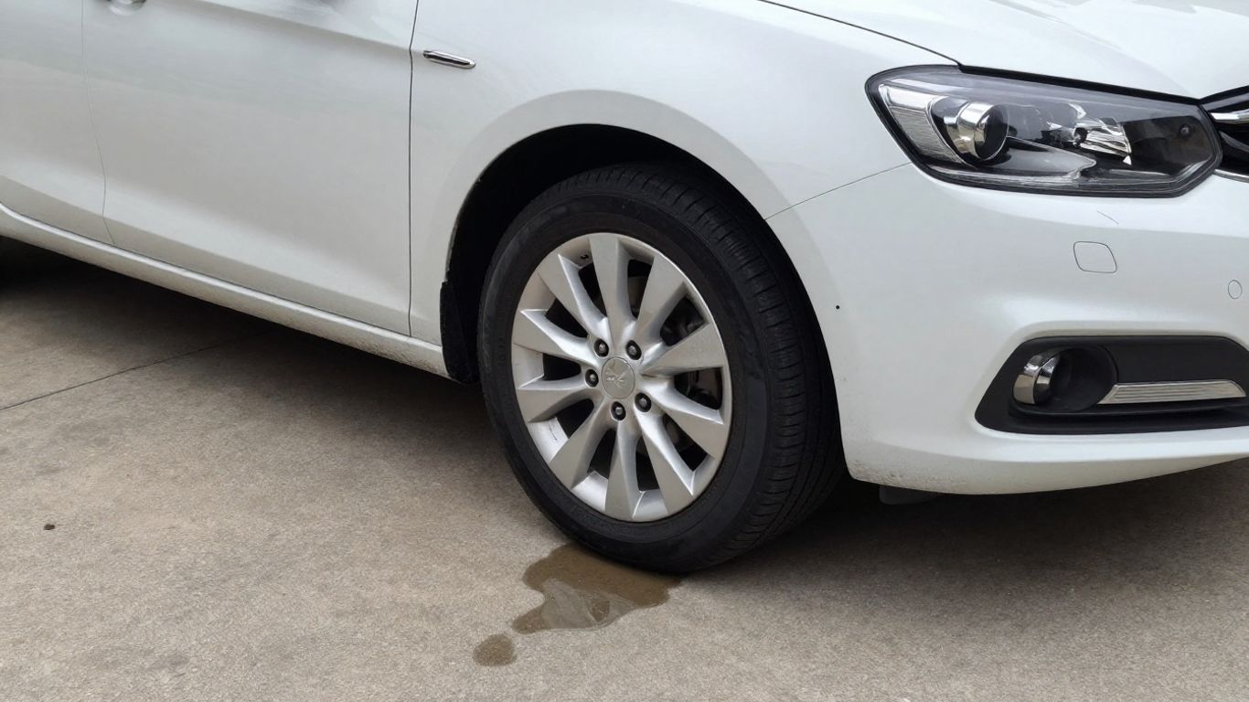 A car parked beside visible fluid beneath front end