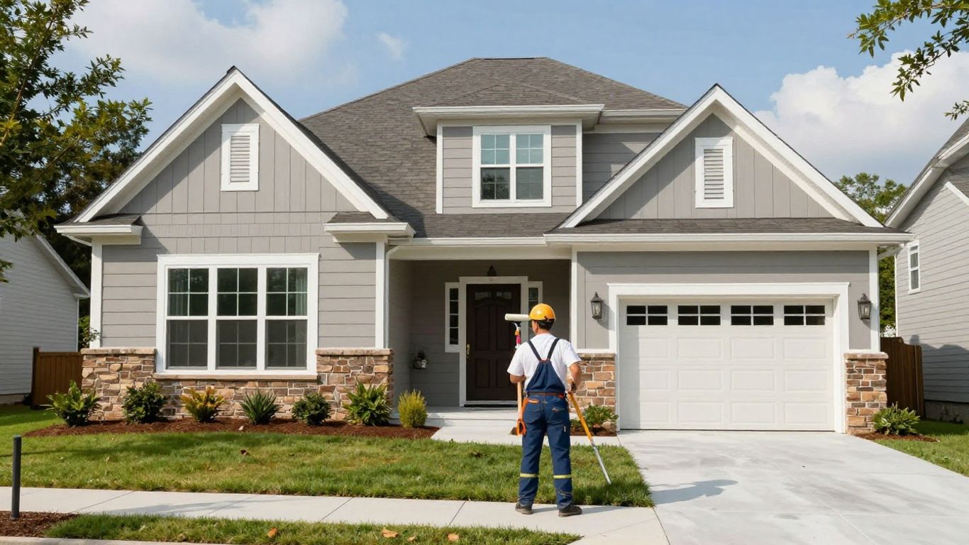 Painter working on modern home in Dacula Georgia neighborhood