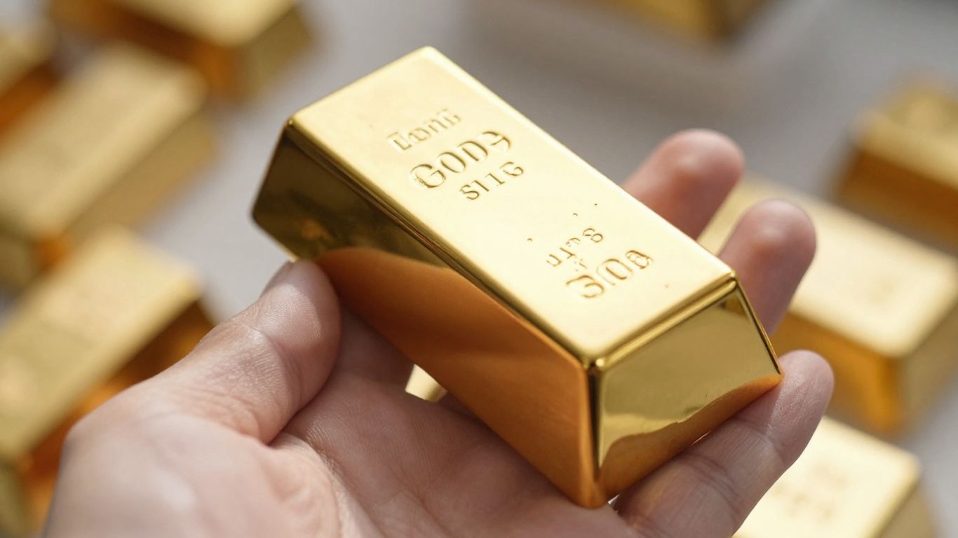 يد شخص يحمل قطعة من الذهب اللامع.