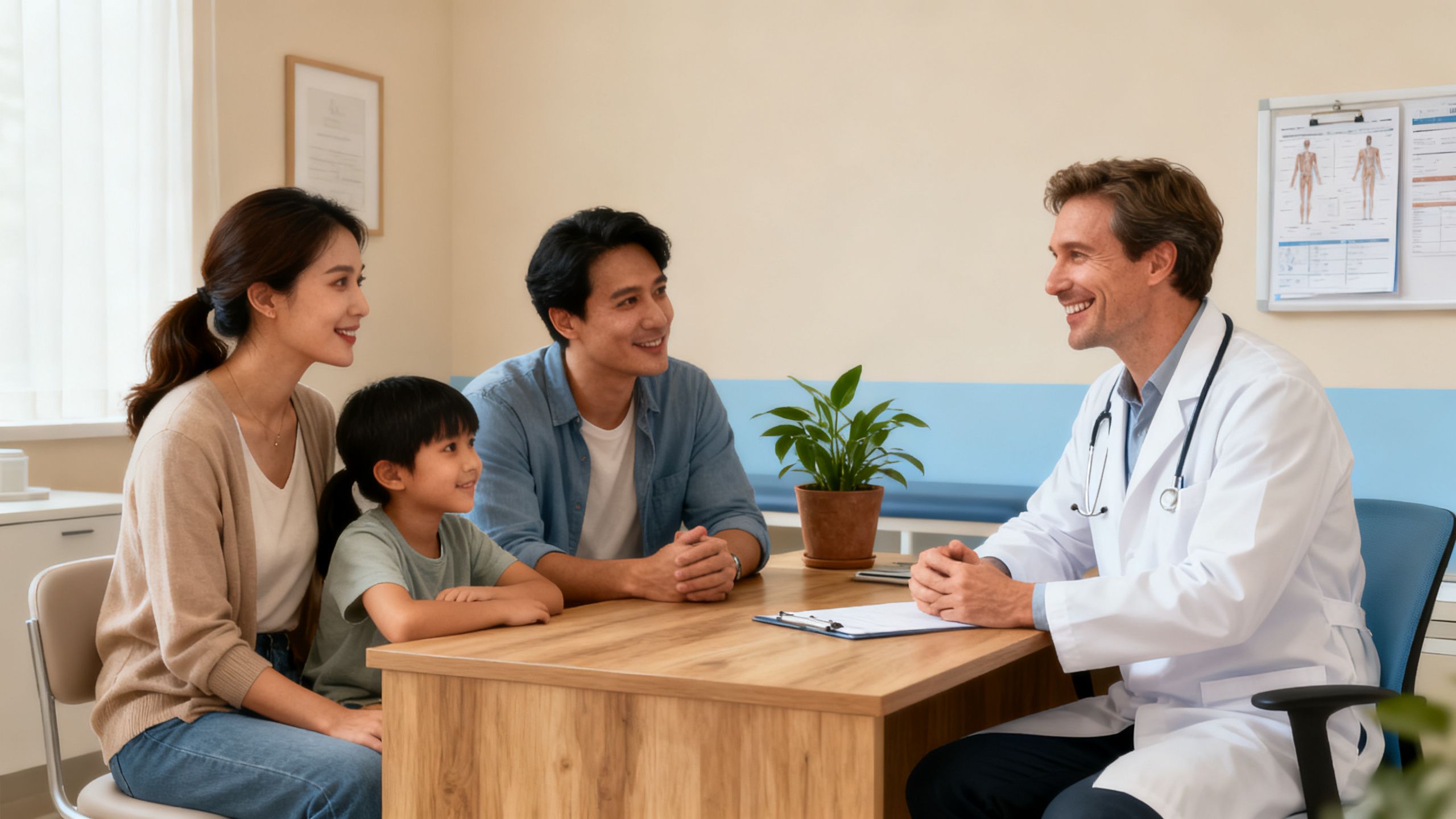 Dr. Manuel Vogt discussing health plans with a local family in a comfortable clinic setting