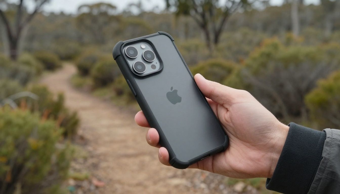 A person using their iPhone 15 Pro Max in a rugged case while hiking on a trail with Australian bushland in the background.