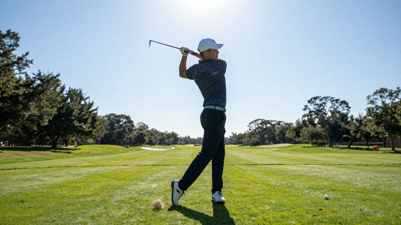 Golfer swinging club on a sunny golf course.