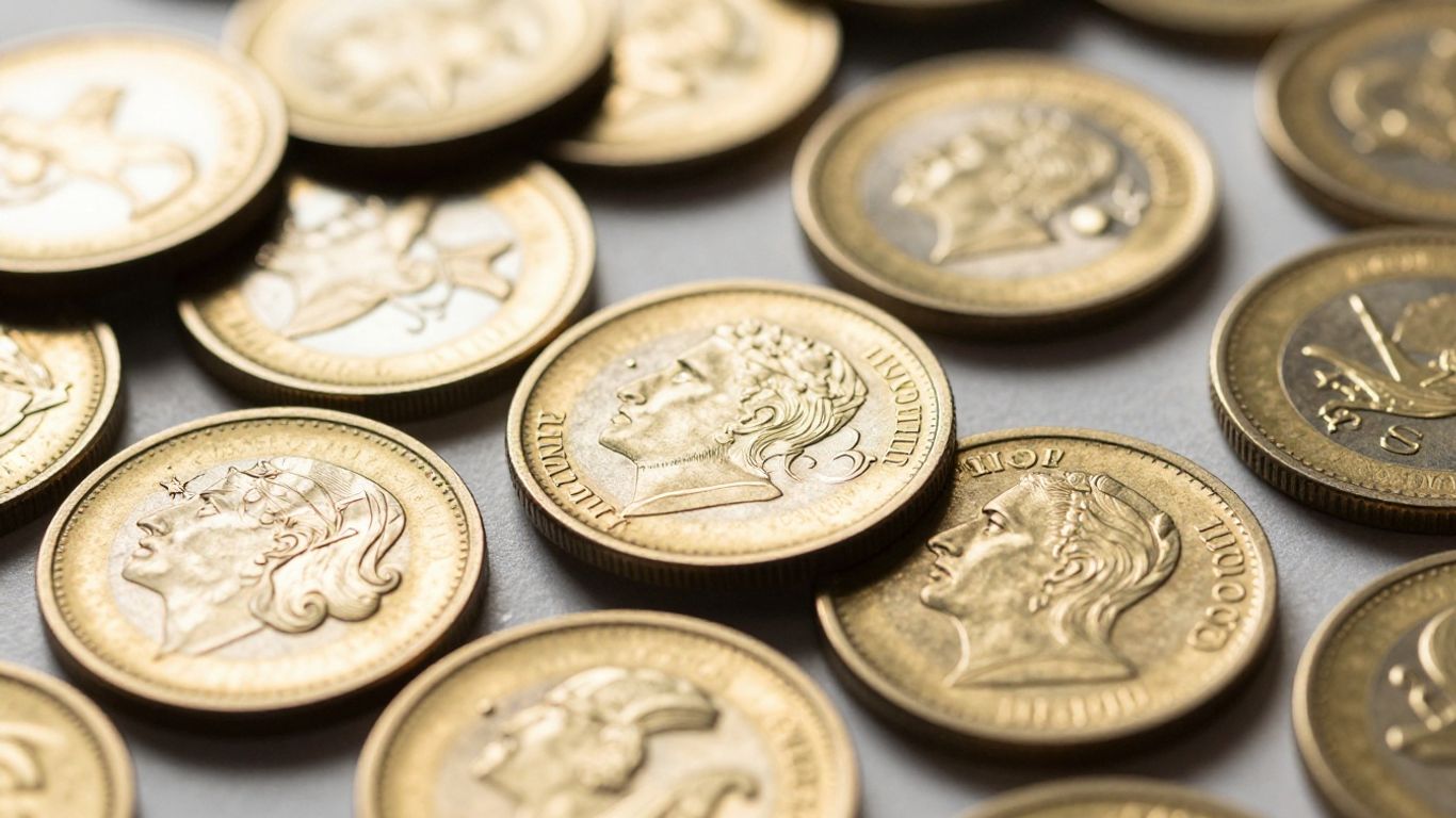 古董和现代金币，金属光泽。