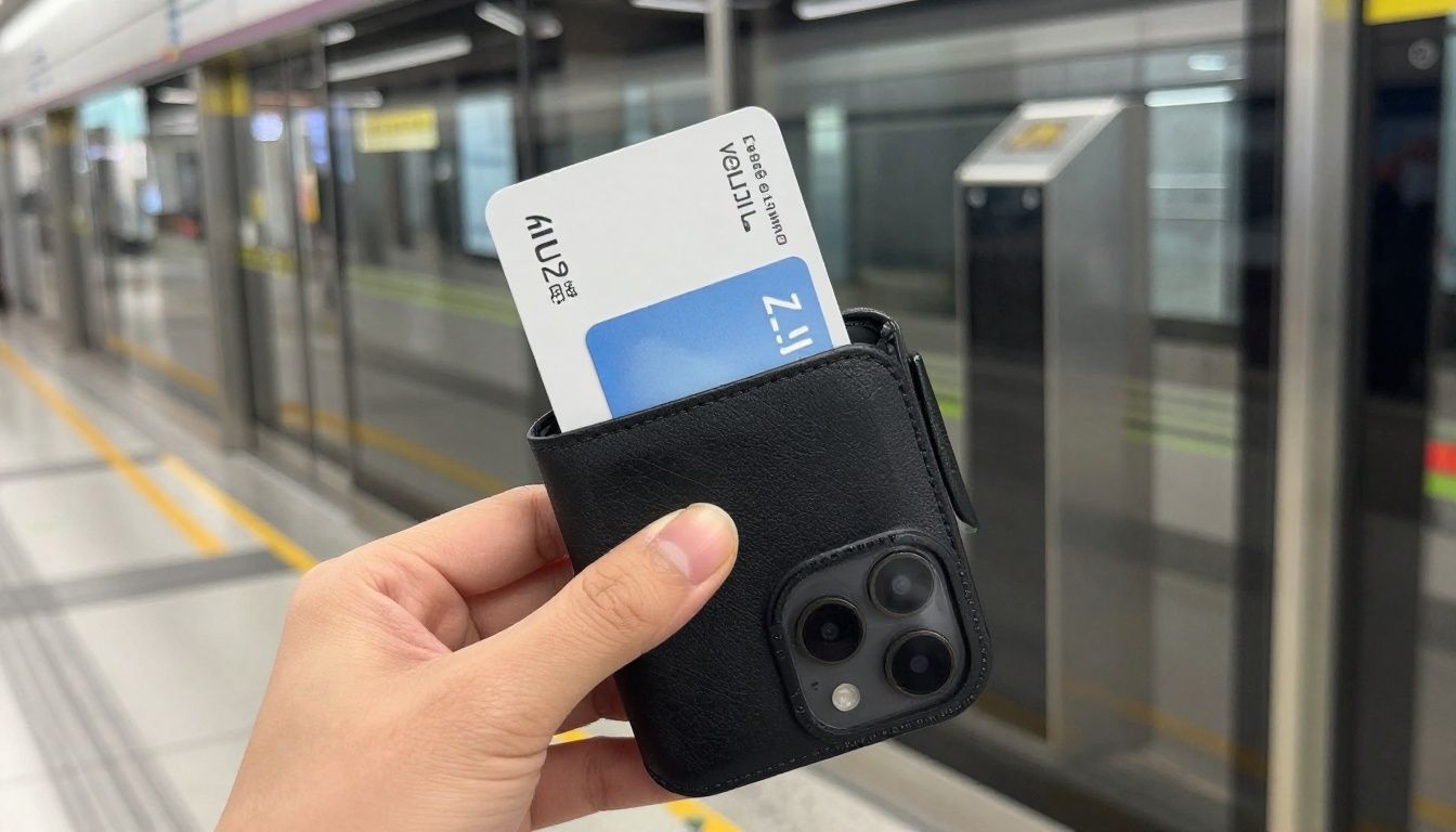 A close-up of someone sliding their public transport card out of an iPhone 17 Pro wallet case at a train station gate.