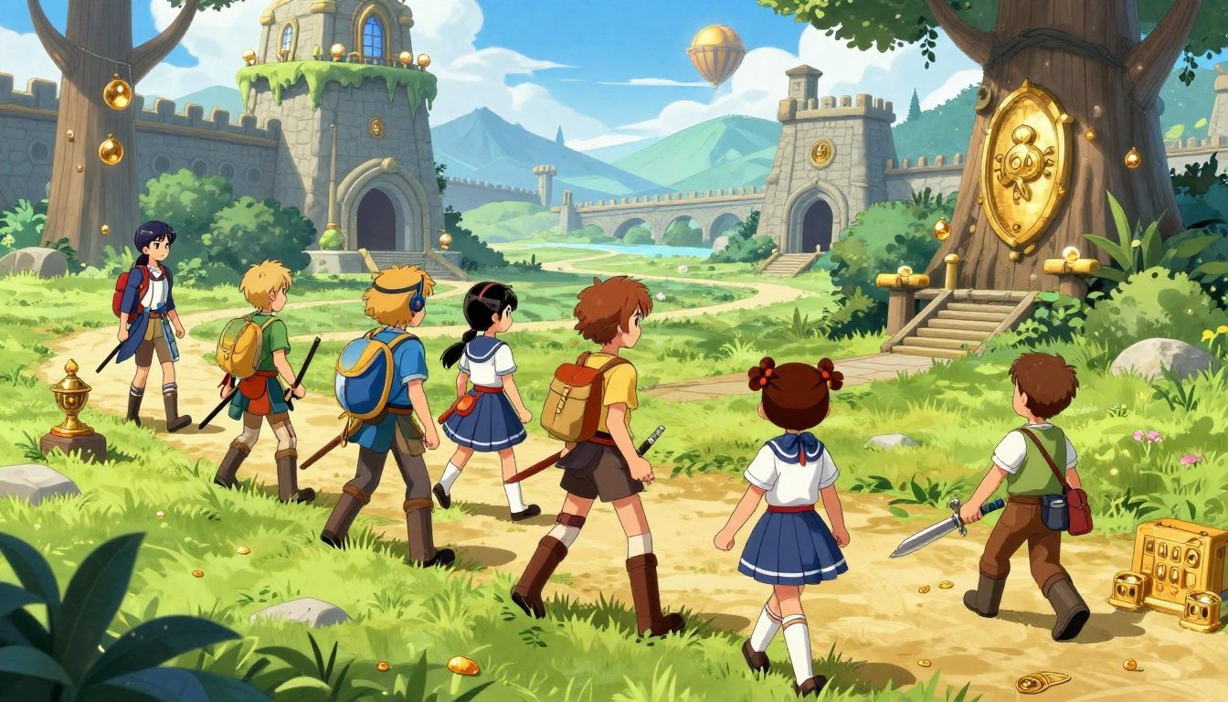 Uma ilustração épica de um grupo de heróis de RPG explorando uma masmorra misteriosa com tesouros brilhantes