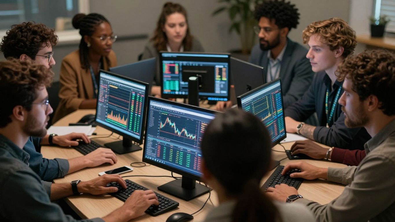 Traders collaborating, sharing trading insights on screens.