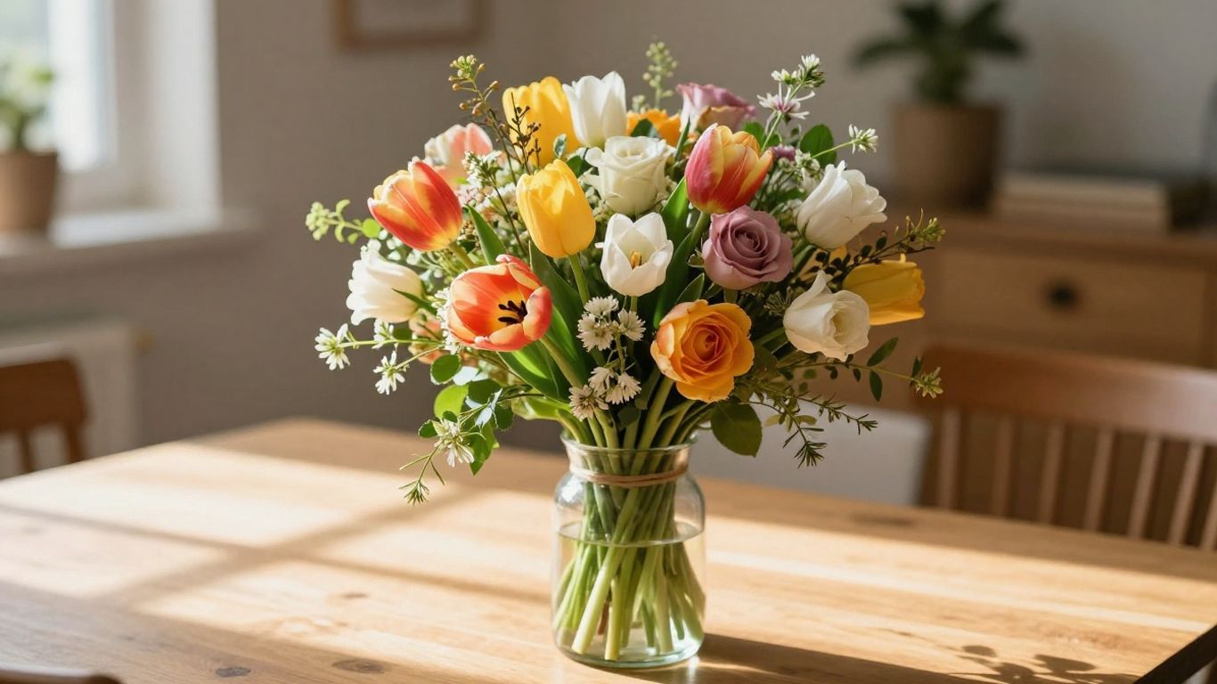 Hand-tied flowers arranged in a bright home