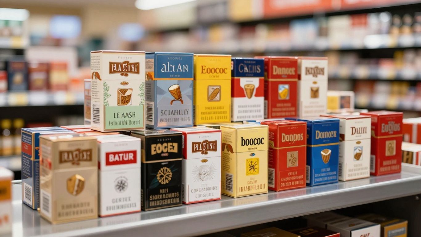 Assorted cigarette packs in a duty-free shop.