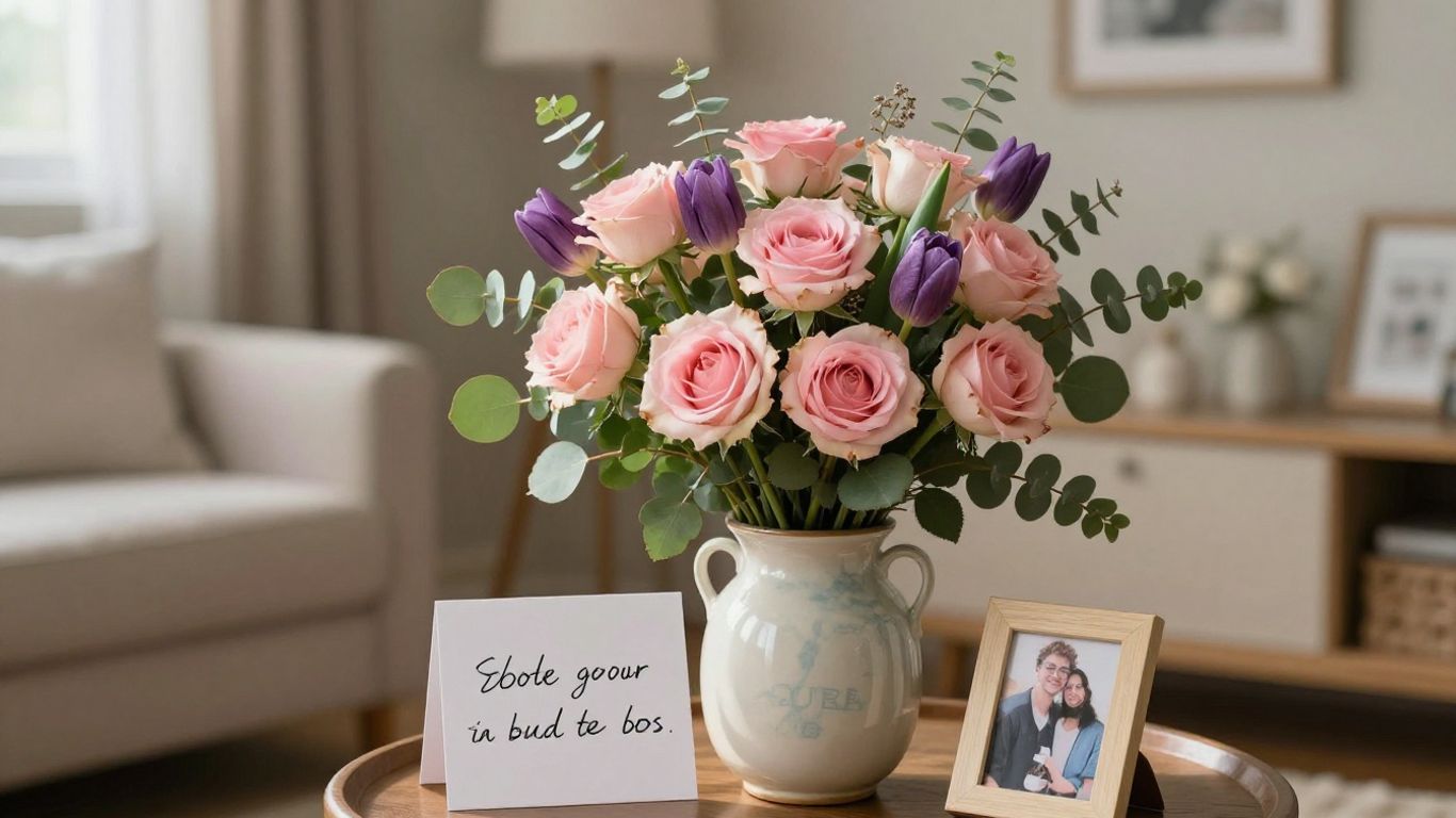 Personalized romantic bouquet beside handwritten note