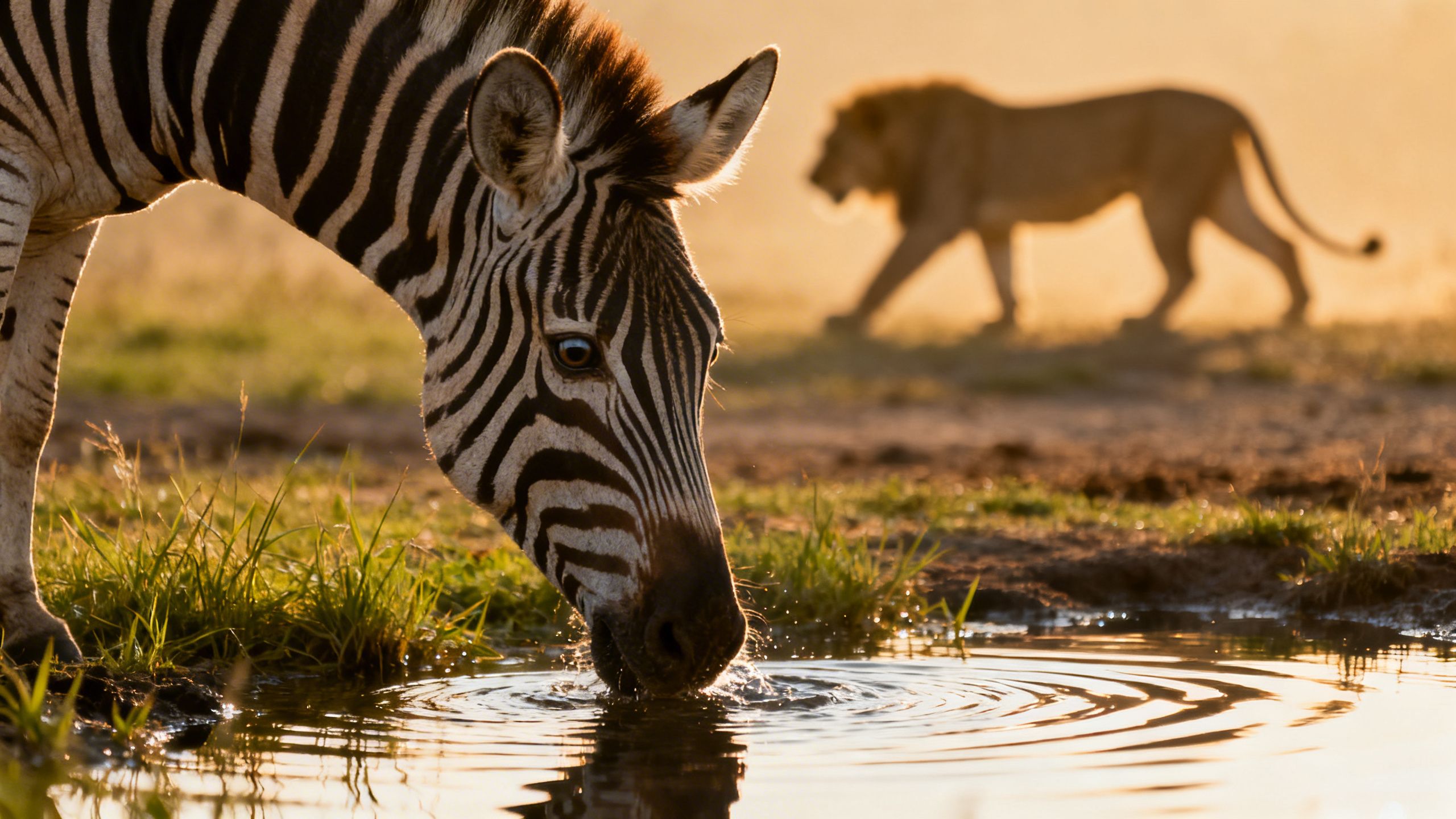 A nervous-looking zebra drinking at a watering hole, with the shadow of a lion faintly visible in the background, symbolizing the risks of slow decision-making in a competitive environment.