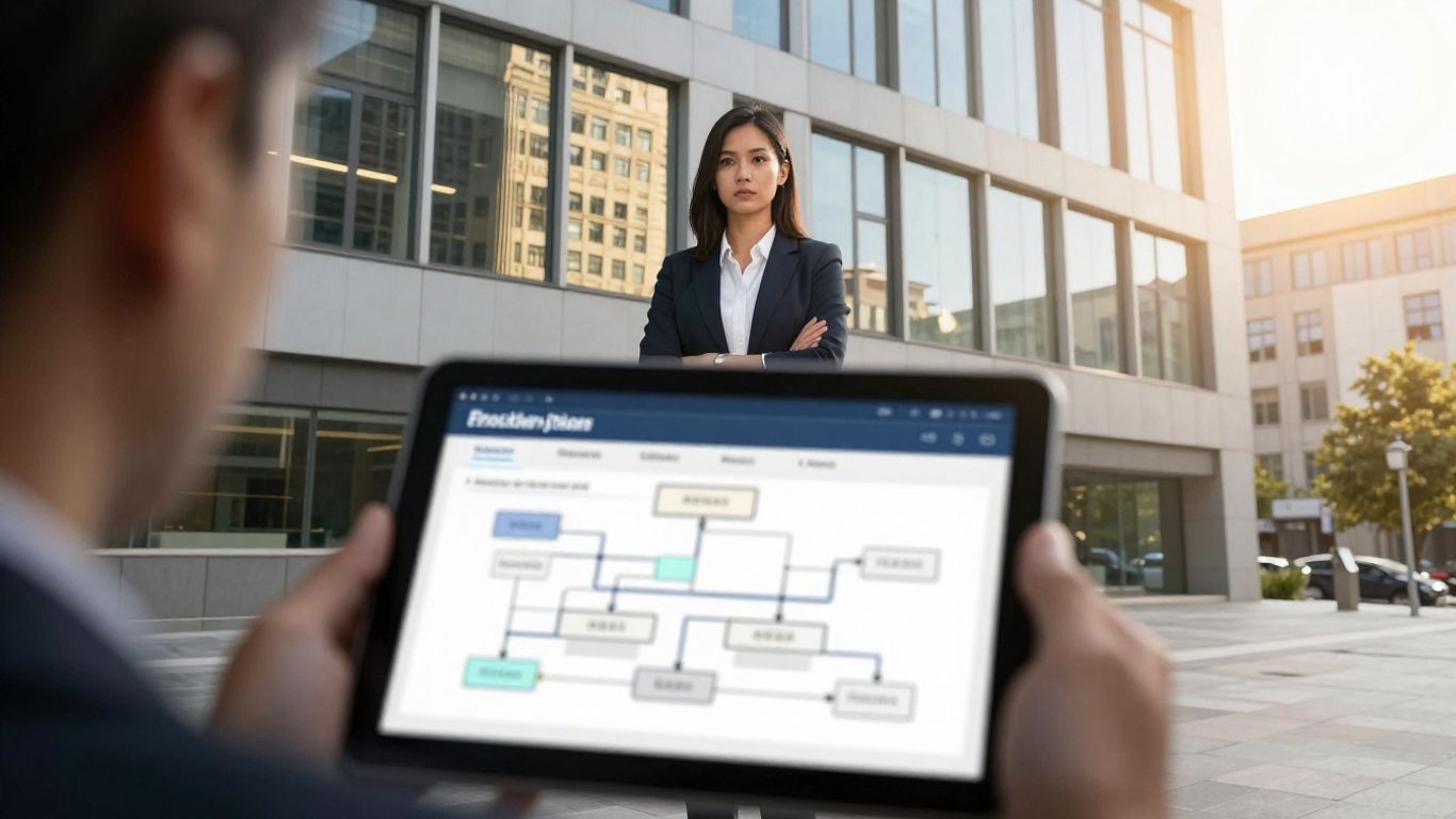 Small business owner in front of office building with tablet.