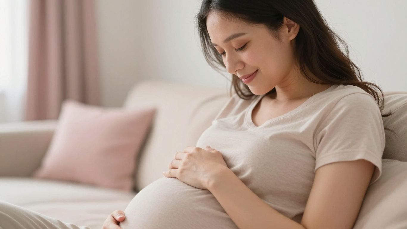 Mujer embarazada acariciando su vientre con una sonrisa.