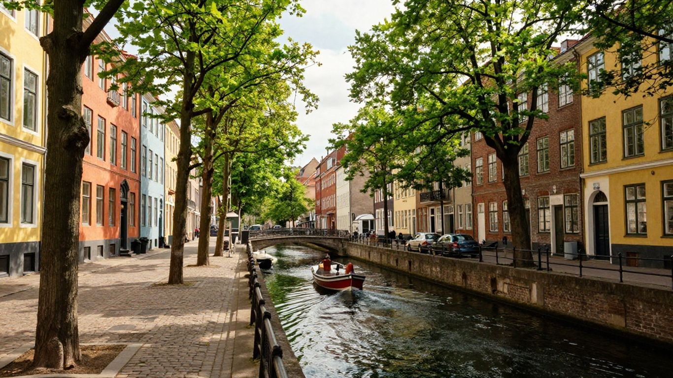 Scenic European cityscape with historic buildings and a canal.