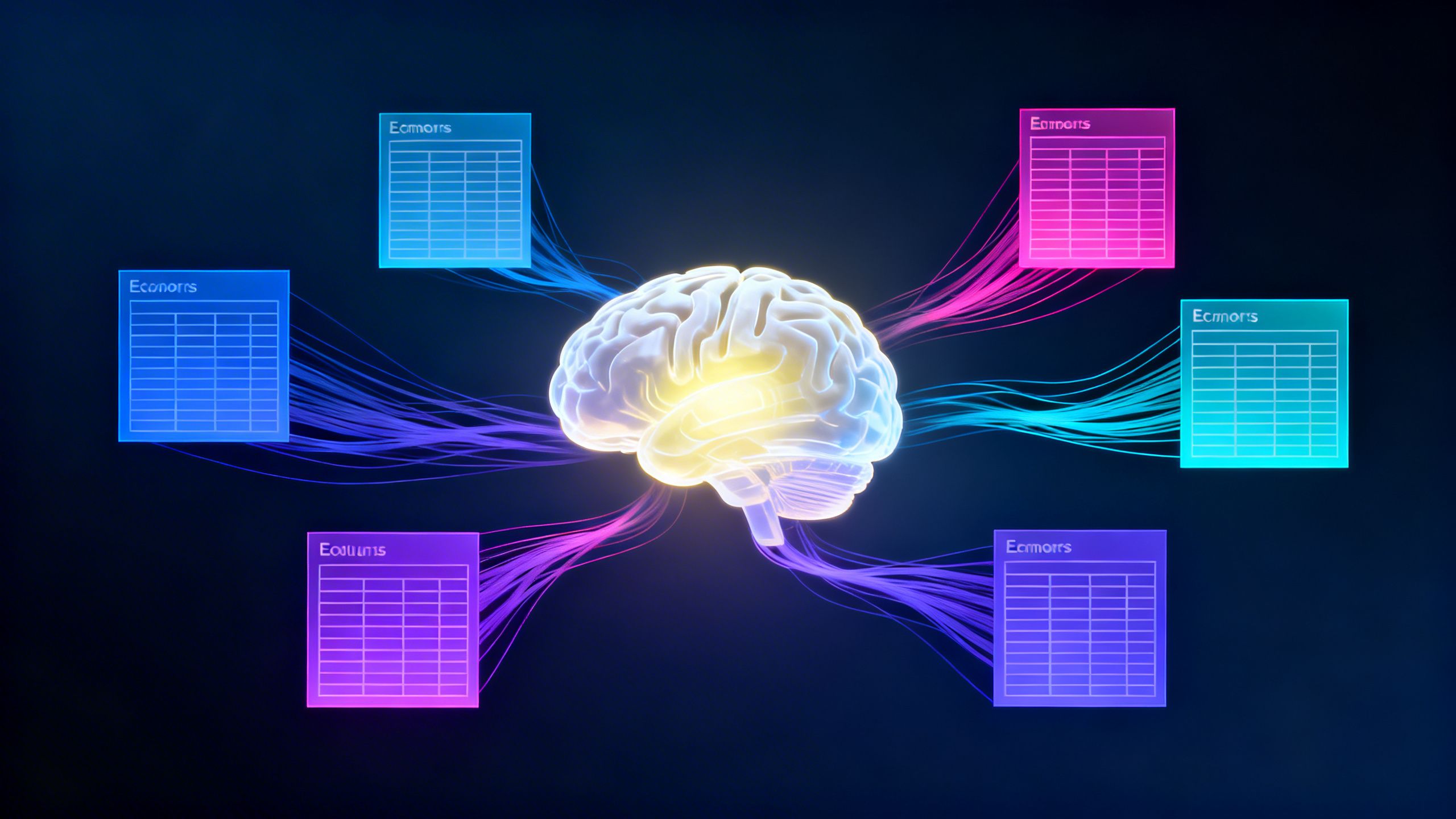 An abstract visualization of data flowing from various eCommerce spreadsheets into a central, glowing AI brain, representing a tabular foundation model.
