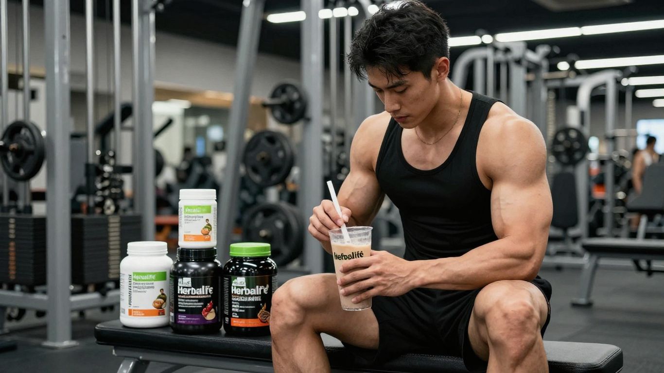 Bodybuilder with Herbalife shake and supplements in gym