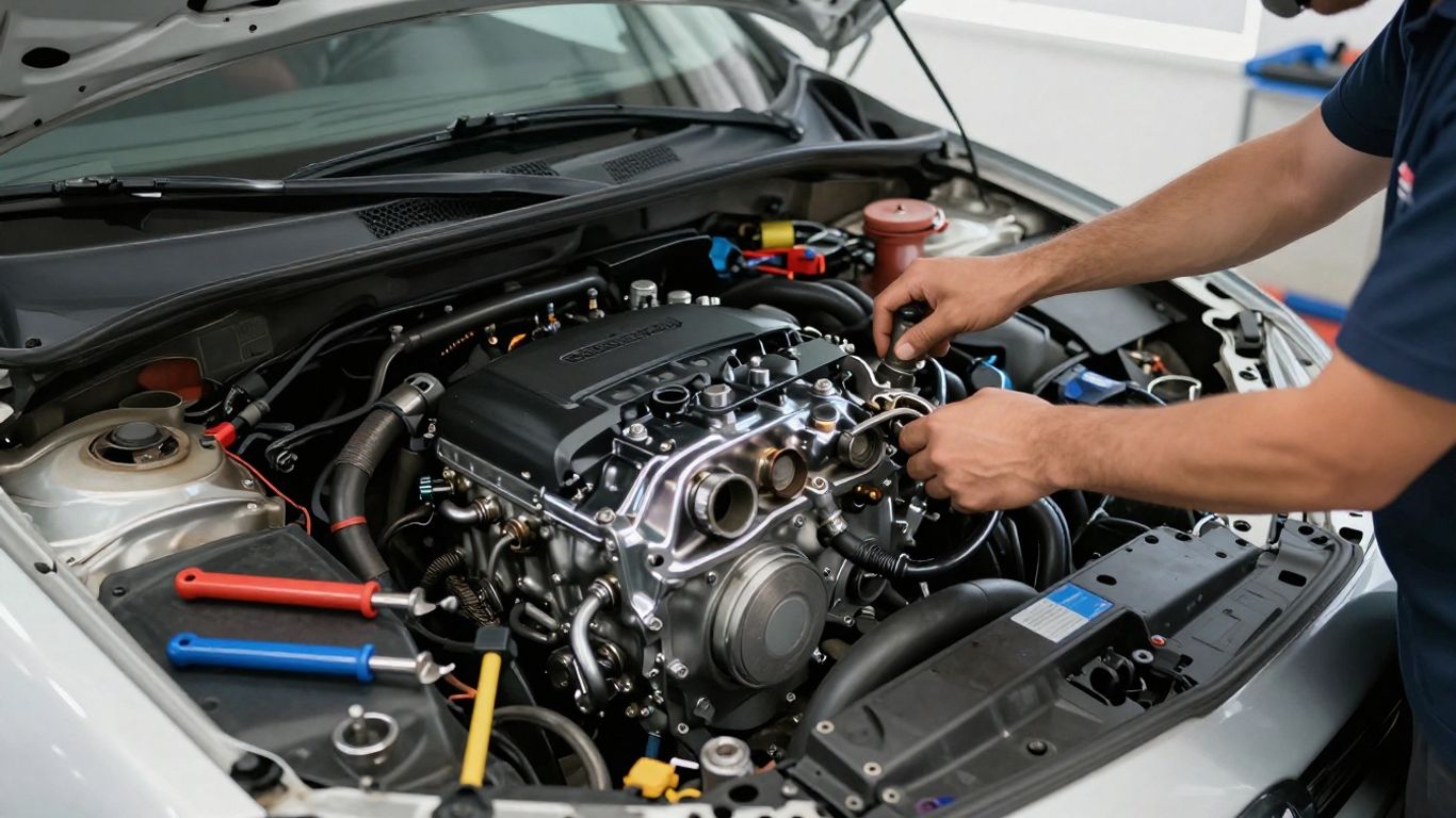 Mechanic installing a Mitsubishi engine in Epping, Victoria.