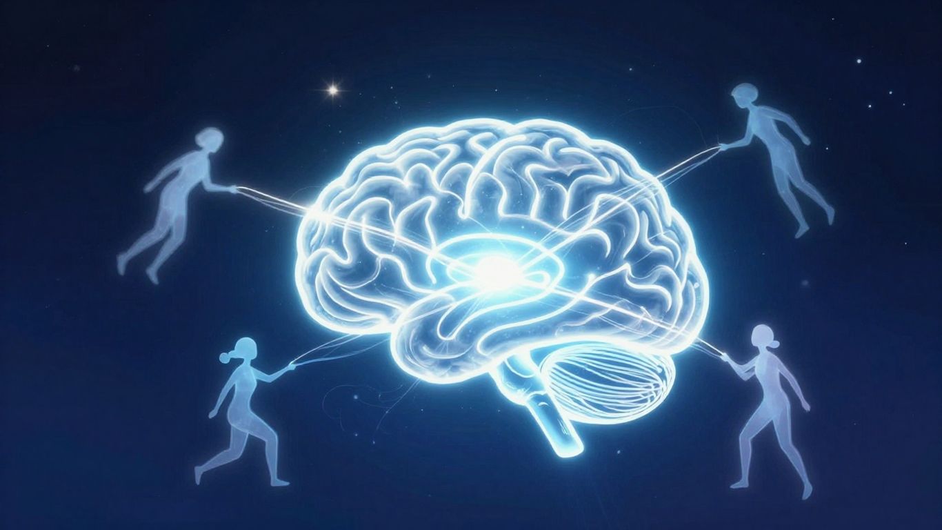 Abstract glowing brain with light trails and ethereal figures.