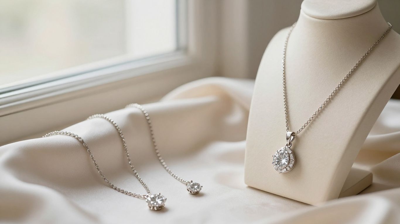 Bridal diamond necklaces displayed on silk