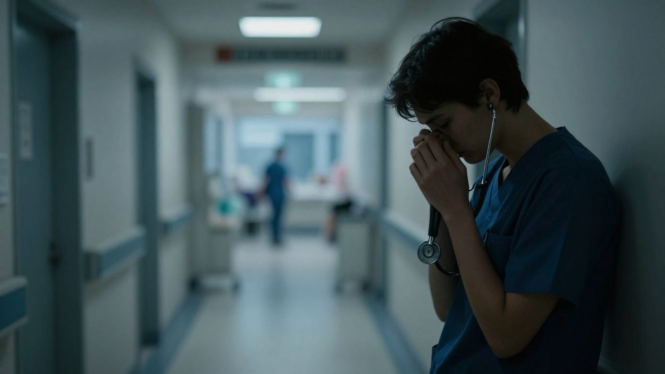 Exhausted nurse in Australian hospital corridor.