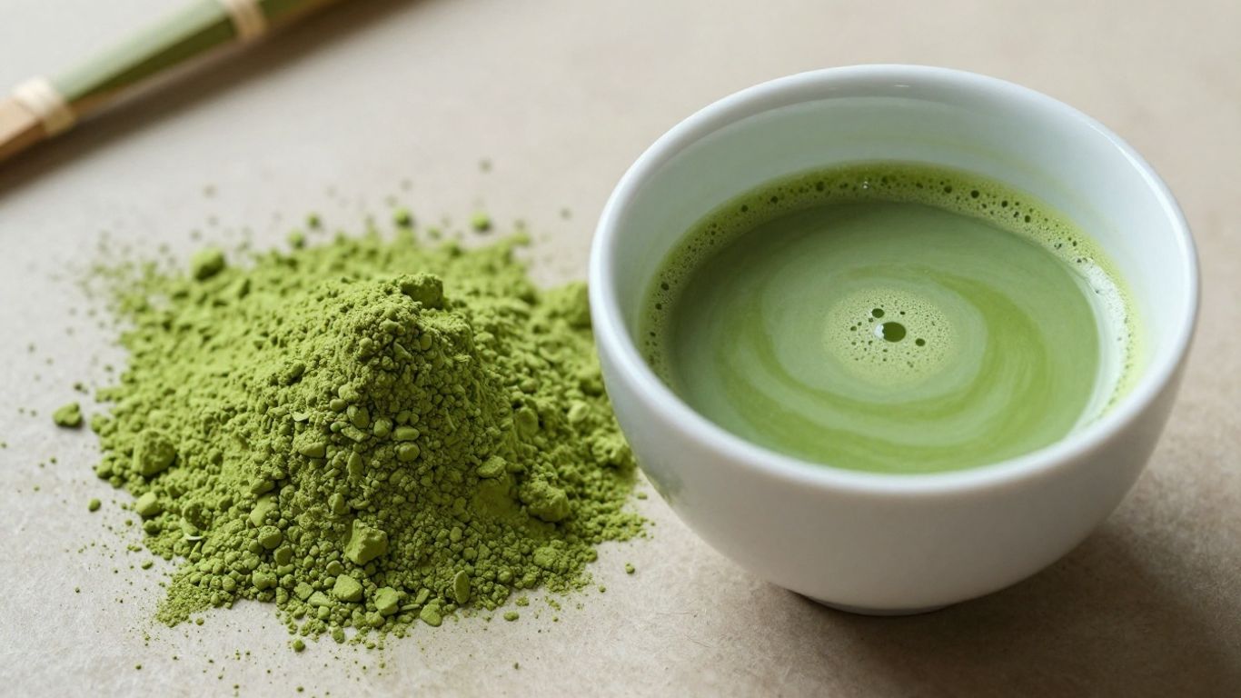 Matcha powder and prepared matcha tea in bowls.
