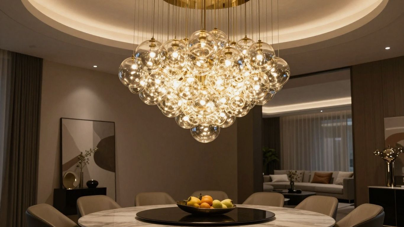 Modern bubble light chandelier illuminating a living room space.