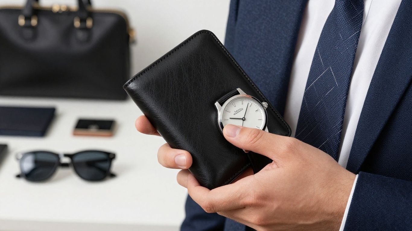 Man's accessories: wallet, watch, tie, briefcase, sunglasses.