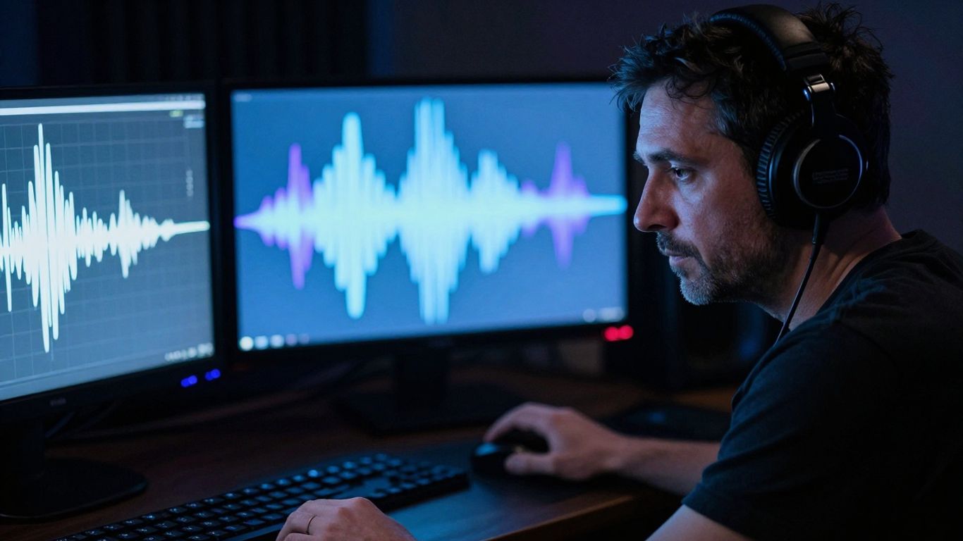 Abstract studio portrait with headphones and glowing waveform