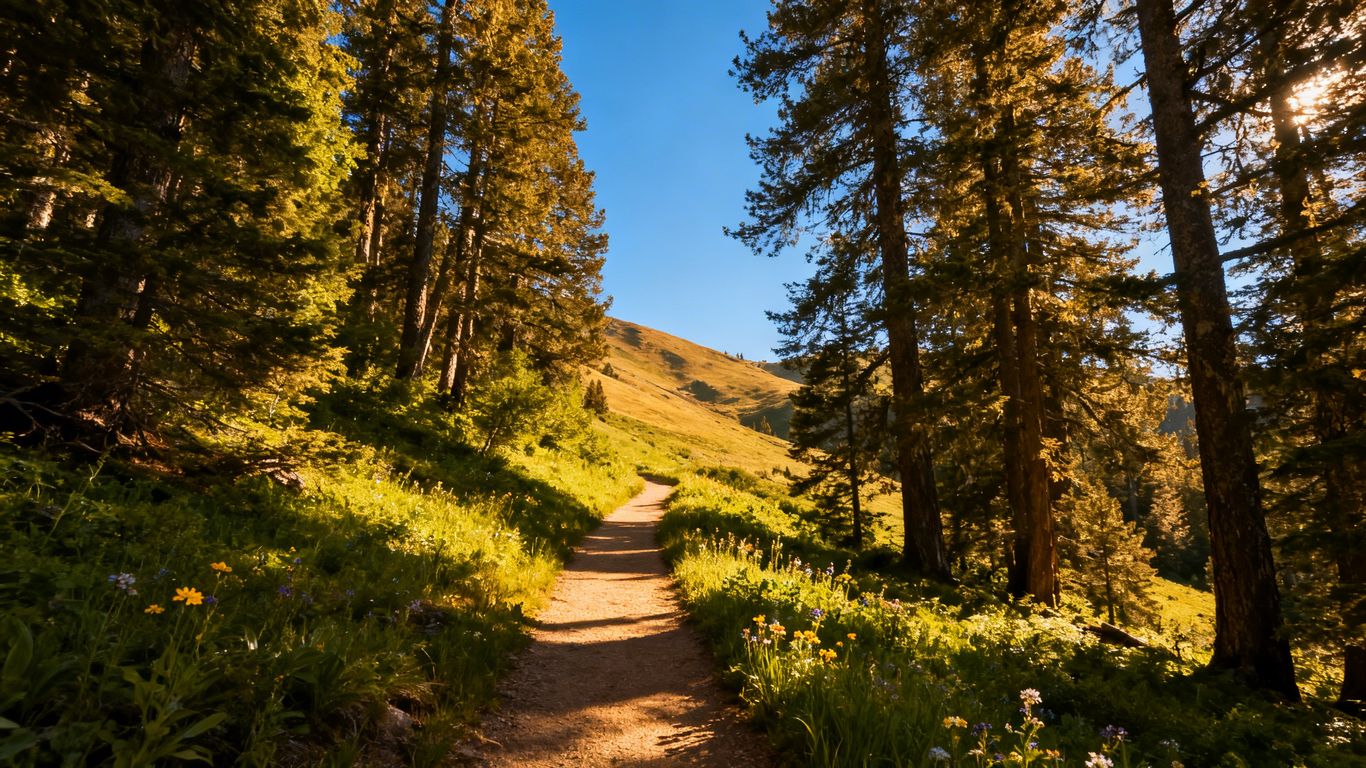 Scenic hiking trail through a green forest with wildflowers.