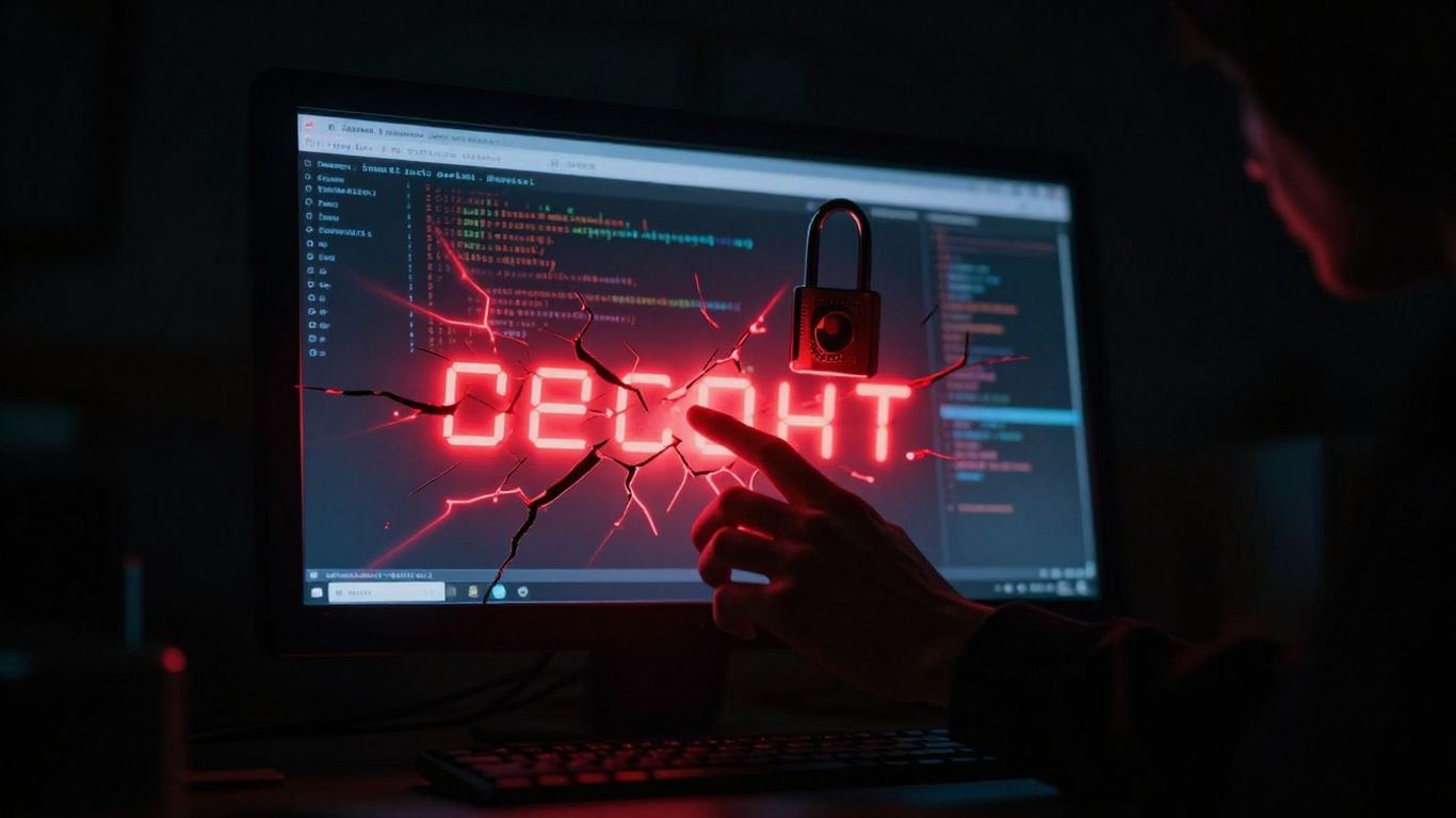 Digital lock cracked, shadowy figure near computer screen.