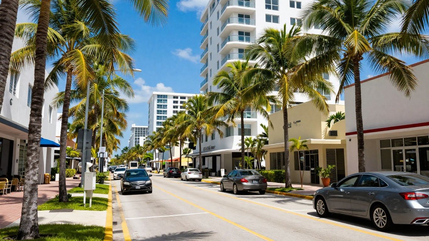 Street view of Doral, Miami with palm trees and buildings.